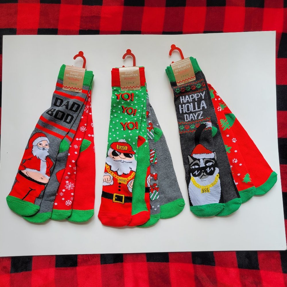 Basic Resources Ho Ho Ho Christmas Mens Crew Socks 6 Pack Size 10-13  NWT
